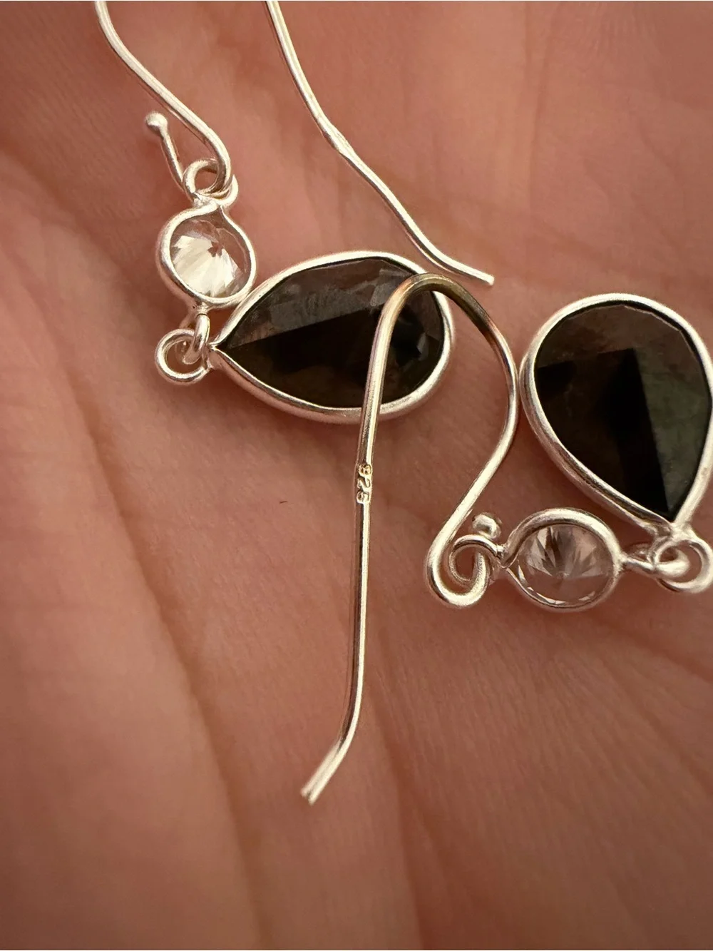 925 Sterling Silver Black Teardrop & Clear Stone Dangle Earrings